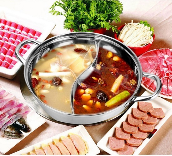 NỒI LẨU INOX HOT POT 2 NGĂN 30 CM DÙNG ĐƯỢC CẢ BẾP TỪ, BỘ KÈM VUNG KÍNH