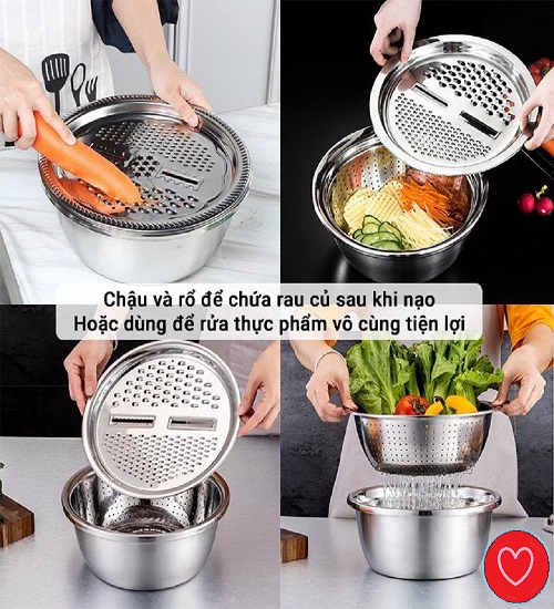 RỔ NẠO THÁI INOX 3IN1: RỔ BẰNG INOX 3IN1 GỒM NẠO , THÁI, CẮT RAU CỦ QUẢ, DÙNG ĐỂ ĐỰNG, RỬA, NẤU ĂN