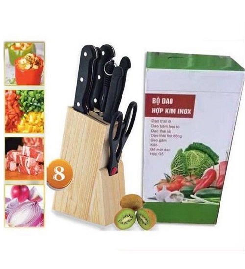 BỘ DAO KÉO 7 MÓN KNIFE KÈM HỘP GIÁ(BỘ DAO KNIFE ĐẾ GỖ, VỎ HỘP MÀU XANH)