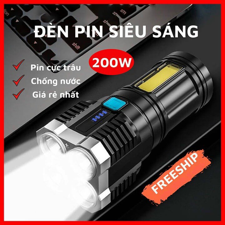 ĐÈN PIN CẦM TAY SIÊU SÁNG CHIẾU XA 200M 4 CHẾ ĐỘ SÁNG, CHỐNG THẤM NƯỚC, CÓ COB LED HÔNG (T120) (CÁI)