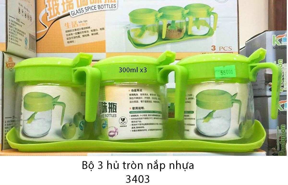 HỦ GIA VỊ 3 QUẢ TÁO XANH CÓ KHAY 300ML (KIỆN 36 BỘ)