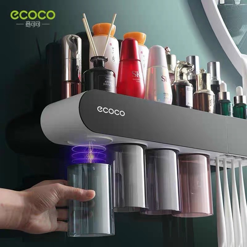 ECOCO 4 CỐC: KỆ NHẢ KEM 4 CỐC, CẮM BÀN CHẢI, ĐỂ ĐỒ ĐA NĂNG KHÔNG KHOAN TƯỜNG MẪU MỚI 2022 (T20)