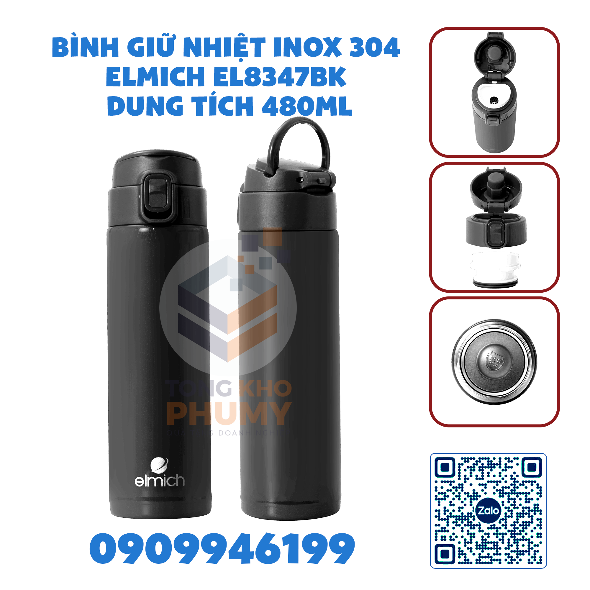 Bình giữ nhiệt inox 304 Elmich EL8347BK dung tích 480ml