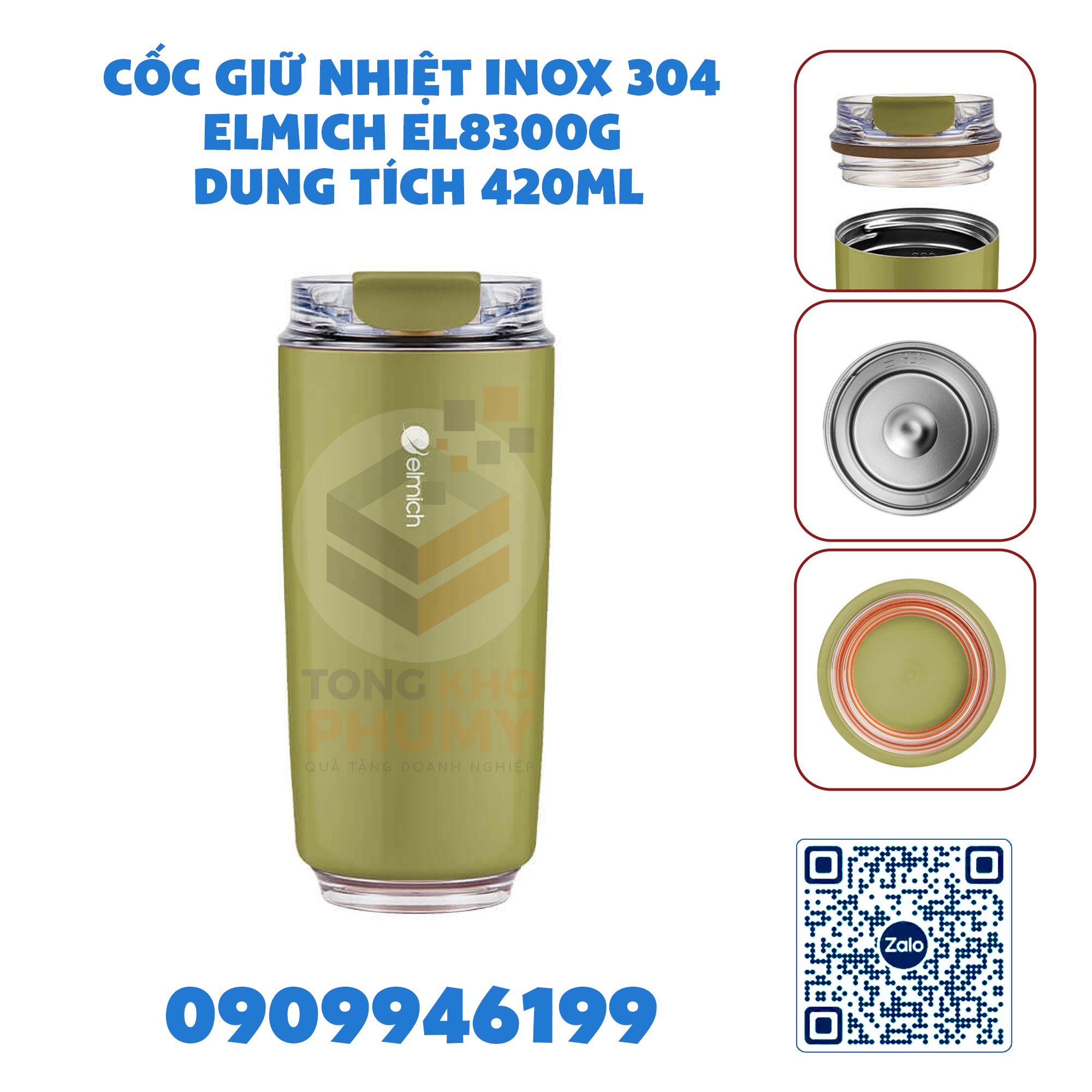 Cốc giữ nhiệt inox 304 Elmich EL8300G dung tích 420ml