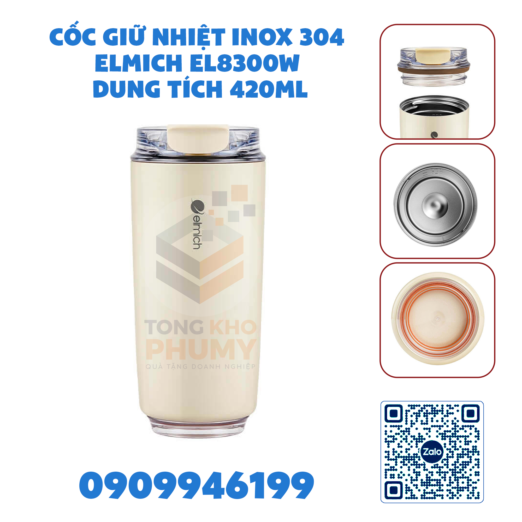 Cốc giữ nhiệt inox 304 Elmich EL8300W dung tích 420ml
