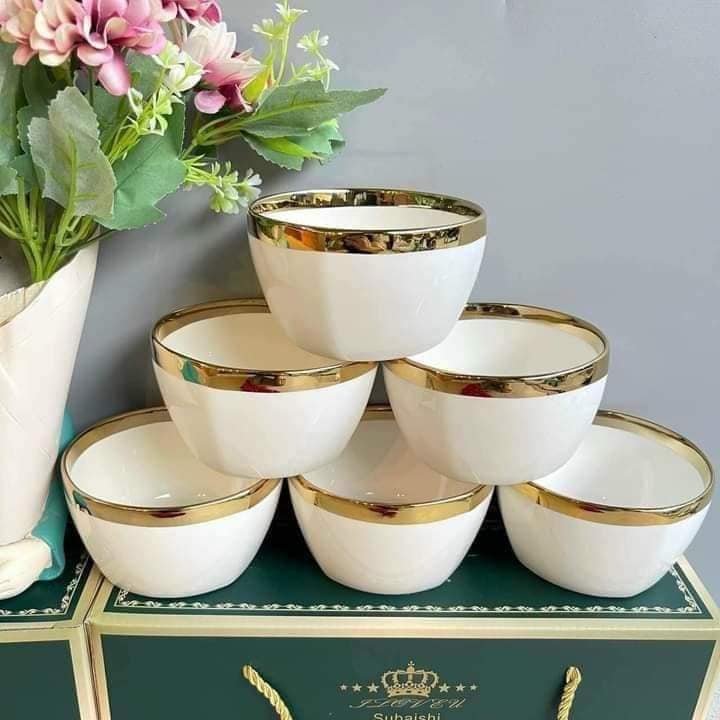 BỘ 6 BÁT SỨ TRẮNG VIỀN VÀNG CAO CẤP KÈM ĐŨA TMARK (KIỆN 20 BỘ)