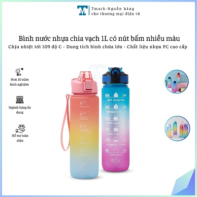 BÌNH NƯỚC NHỰA CHIA VẠCH 1L CÓ NÚT BẤM NHIỀU MÀU (KIỆN 60 CÁI)