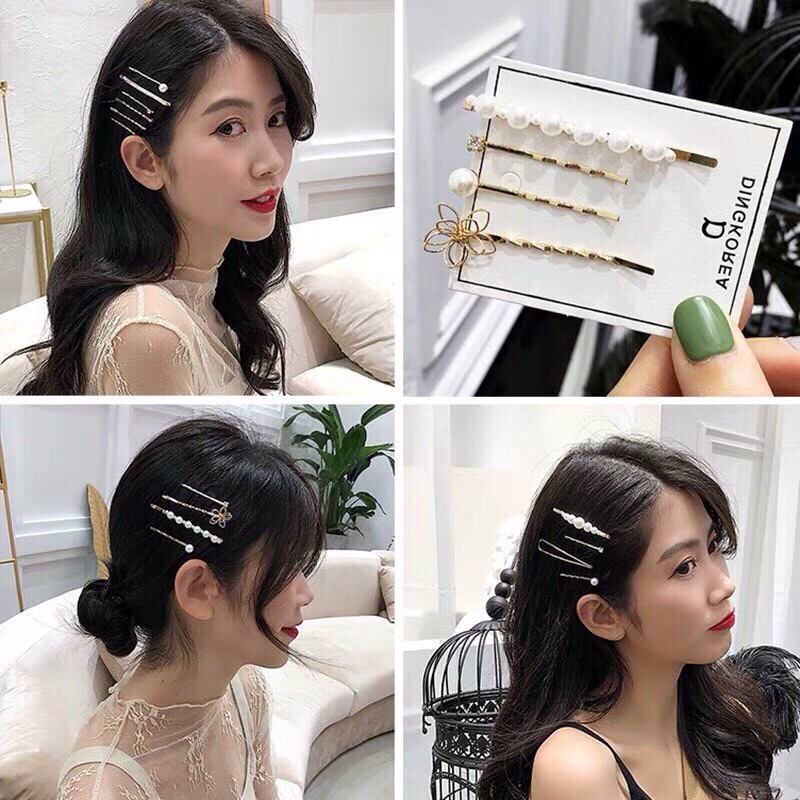 COMBO SÉT 4 CÁI KẸP TÓC HÌNH HOA MAI VÀ ĐÍNH ĐÁ NGỌC TRAI