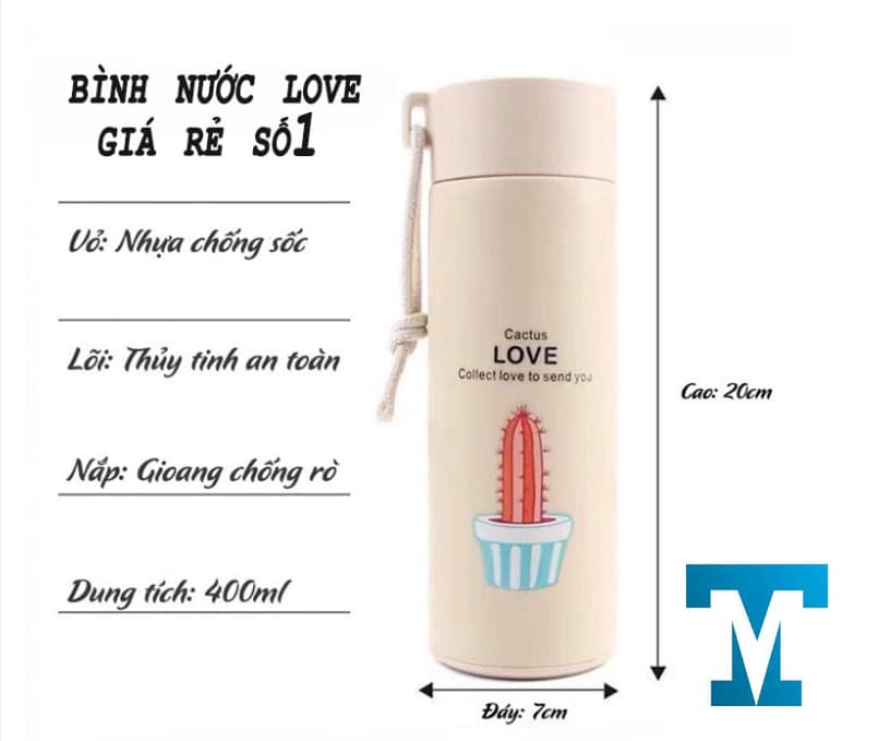 BÌNH NƯỚC THỦY TINH BỌC NHỰA CHỮ LOVE 400ML – HỌA TIẾT MÀU NGẪU NHIÊN TMARK (KIỆN 80 CÁI)