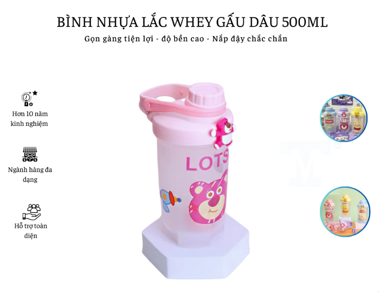 BÌNH NHỰA LẮC WHEY GẤU DÂU 500ML (KIỆN 84 CÁI)