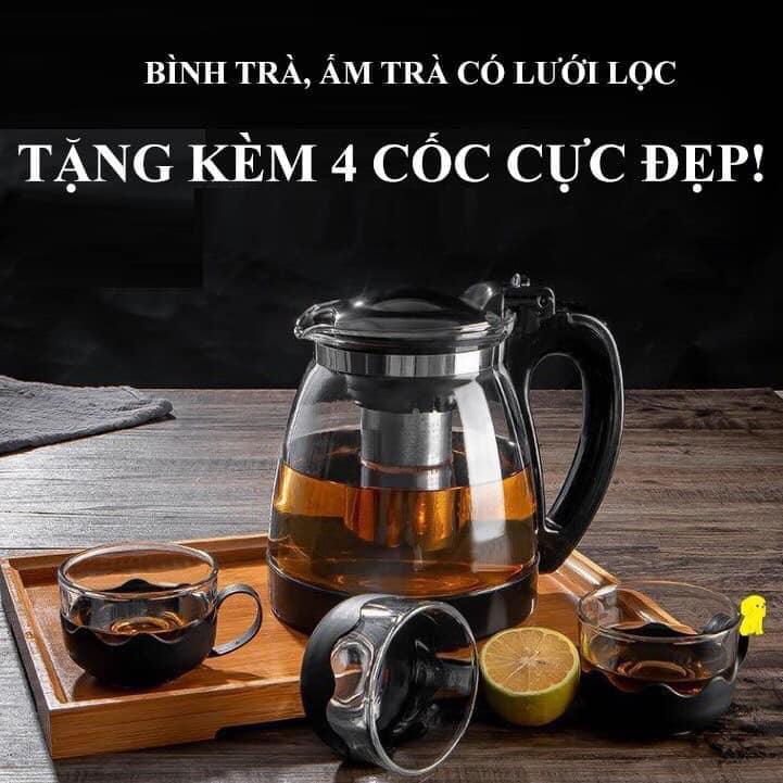 BỘ ẤM PHA TRÀ THỦY TINH LƯỚI LỌC INOX HÀNG ĐẸP TMARK (BỘ 4 CỐC) KIỆN 24 BỘ