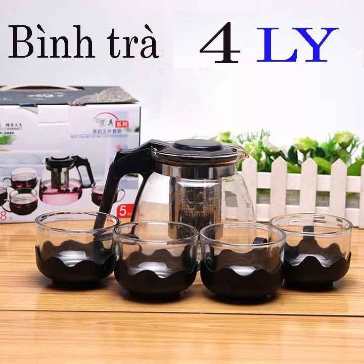 BỘ ẤM PHA TRÀ THỦY TINH LƯỚI LỌC INOX HÀNG ĐẸP TMARK (BỘ 4 CỐC) KIỆN 24 BỘ